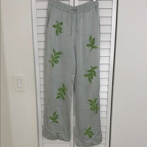 Zara Gray Pants with Green Leaf Design